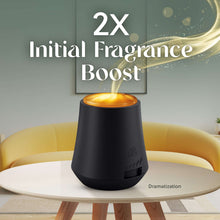 Cordless essential mist oil diffuser on a round stand, black body with glowing gold top