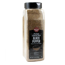 Ground black pepper bottle with black cap and Wellsley Farms front label, 17.5 oz.