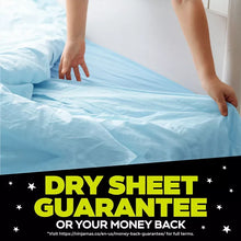 Blue bedding sheet lifted by hands with DRY SHEET GUARANTEE graphic
