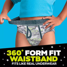 Boys nighttime bedwetting underwear close-up with gray camo print and wide elastic waistband