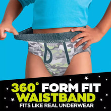 Boys nighttime bedwetting underwear waistband close-up, gray camo pattern