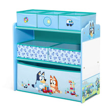 Blue children's toy storage organizer with open cubbies and character side panel