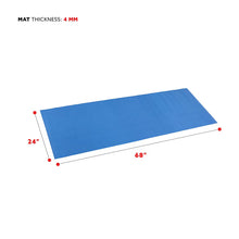 Blue yoga mat, 4 mm thick, 24 in by 68 in dimensions