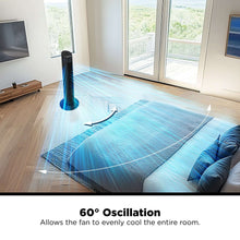 Black tower fan blowing air in an oscillating stream