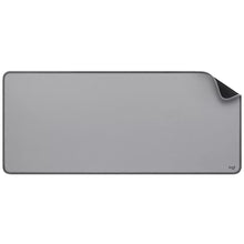 Mid-grey desk mat with raised edge fold and stitched border, Logitech logo
