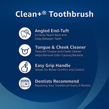 Clean+ soft toothbrush feature graphic with angled end-tuft and easy grip handle icons