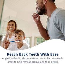 Family brushing with a soft toothbrush; angled bristles on a child’s handle