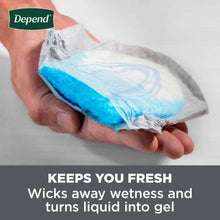 Incontinence guard held in hand, white pad with blue absorbent center