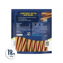 Dog treat package back panel with bacon highlights and 18 pk count
