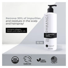 Damanci Clarifying Shampoo bottle with black pump and Clarifying label, 32 oz