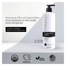 Damanci clarifying shampoo bottle with pump, 32 oz; infused with collagen, keratin & oils.