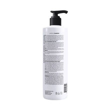 Damanci Clarifying Shampoo bottle with black pump, back label text panel