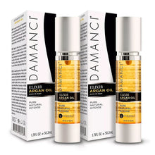 Damanci Elixir Argan Oil bottles with gold liquid and silver caps, 1.7 fl oz