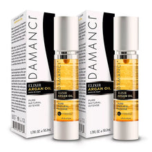 Damanci Elixir Argan Oil bottles and 2-pack boxes, pure natural intense