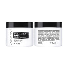 Enriched hair mask jar pair with black lids and Pure-Intense label.