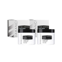 Hair mask jar pair with black lids and Pure-Intense enriched labels.