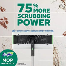 Swiffer mop heavy duty wet cloth pads scrubbing tile floor with 75% more power graphic