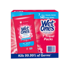 Wet Ones antibacterial hand wipes travel pack, 7 packs, 140 wipes, fresh scent