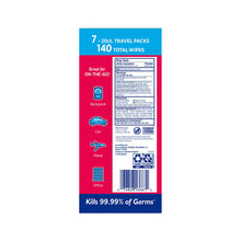 Wet Ones antibacterial hand wipes travel pack back panel, 7 packs, 140 wipes info