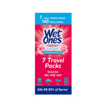 Wet Ones antibacterial hand wipes travel pack front, 7 travel packs, 140 wipes
