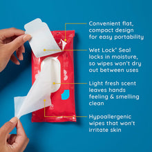 Wet Ones antibacterial wipe pouch held by hands; Wet Lock Seal, fresh scent, 20 wipes
