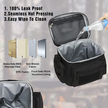 Black leakproof insulated lunch cooler bag with mesh-lined interior and zip top opening.