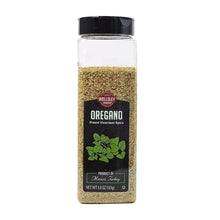 Oregano spice bottle with black cap and clear jar; dried oregano seasoning inside