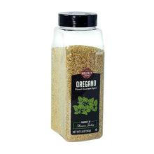 Oregano spice bottle at angle with black cap; clear jar showing dried oregano