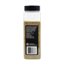 Oregano spice bottle back label on clear jar with black cap