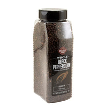 Whole black peppercorns jar with side label, clear plastic and black lid