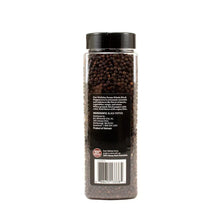 Whole black peppercorns jar with back label, clear plastic and black lid