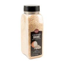 Chopped onions seasoning in clear jar with black lid, side view and label