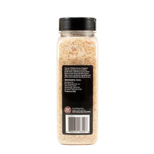 Chopped onions seasoning jar with clear plastic, black lid, back label and barcode