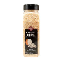 Chopped onions seasoning in clear plastic jar with black lid and front label