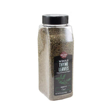 Whole thyme leaves spice bottle, clear jar and black screw cap