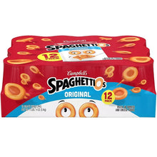 Canned pasta 12-pack carton, red top with blue band and pasta graphics