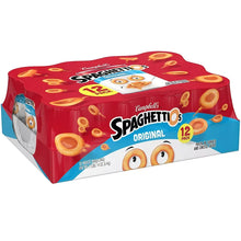Canned pasta 12-pack carton, angled view with red top and blue side panel