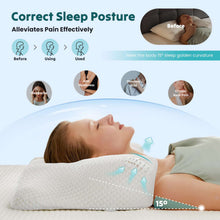Ergonomic cervical pillow supporting a sleeper, with correct sleep posture infographic overlay.