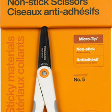 Fiskars non-stick micro-tip scissors with Softgrip, shown on orange retail packaging