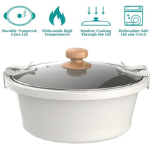 Linen speckled slow cooker with clear glass lid and wood-style knob