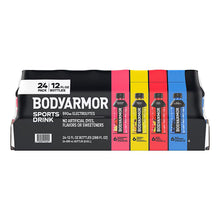 BODYARMOR electrolyte sports drink variety pack box with 24 bottles and colorful stripe labels