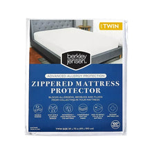 Twin-size zippered mattress protector in retail package with front window