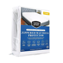 Twin-size zippered mattress protector in clear retail bag with product photo