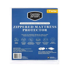 Twin-size zippered mattress protector retail package back with feature icons