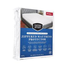 Full-size zippered mattress protector, blue-and-white back panel in package