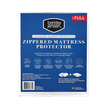 Full-size zippered mattress protector packaging back with care icons