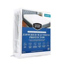 Queen-size zippered mattress protector in clear bag, white protector cover