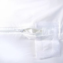 White zippered mattress protector with visible zipper and fabric pocket