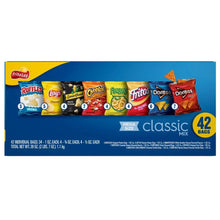 Blue snack chip variety pack box front with assorted chip brands, 42 bags