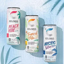 Celsius sparkling energy vibe cans in Peach, Tropical, and Arctic flavors